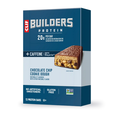 CLIF BUILDERS + Caffeine Chocolate Chip Cookie Dough Flavor Plant Based Protein Bars