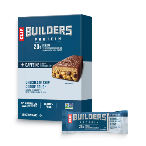 CLIF BUILDERS + Caffeine Chocolate Chip Cookie Dough Flavor Plant Based Protein Bars